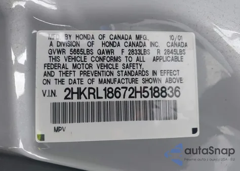 2002 Honda Odyssey Ex from USA, damaged, VIN 2HKRL18672H518836